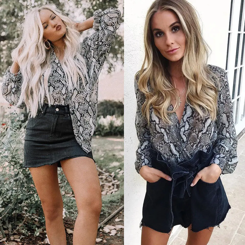 

New Fashion Women's Fashion Snake Casual Loose Long Sleeved Lapel Tops Sexy V-neck Blouse
