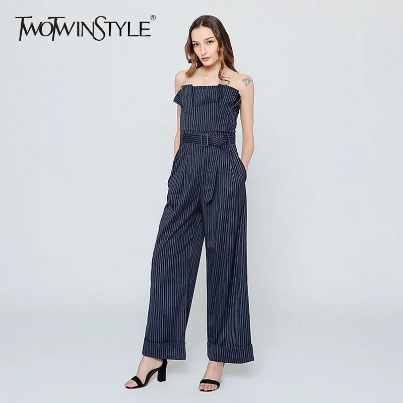Женский комбинезон TWOTWINSTYLE с открытыми плечами в полоску без бретелек высокой