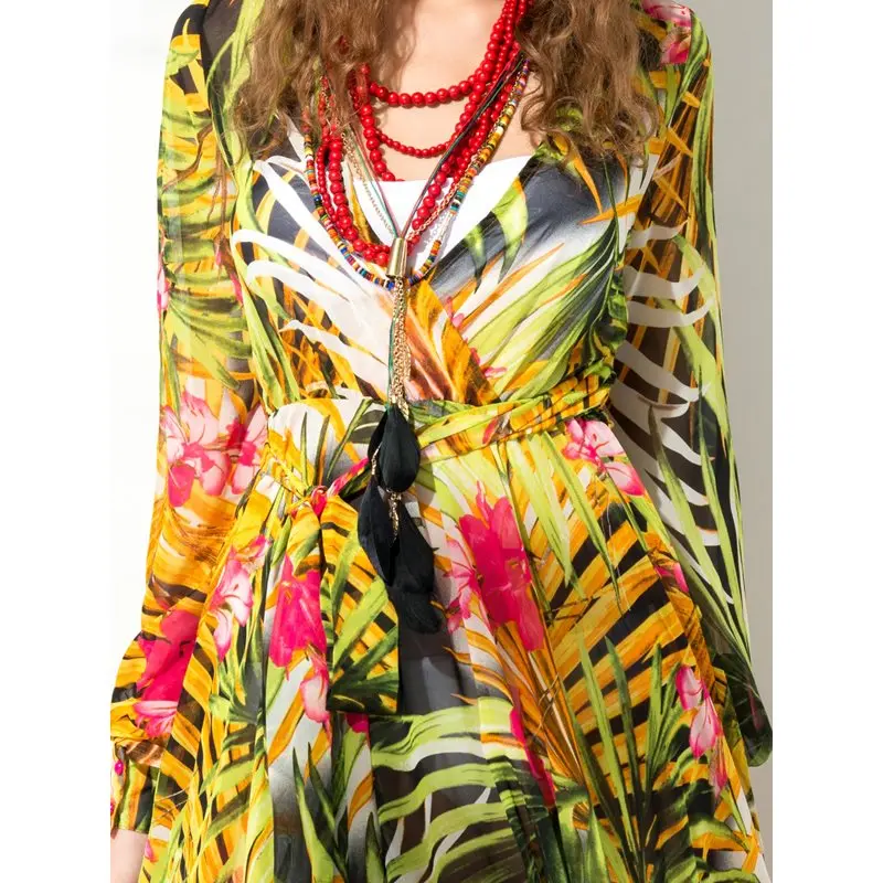 Лето 2019 шифоновое пляжное платье для женщин зеленый шик цветочный принт бохо хит