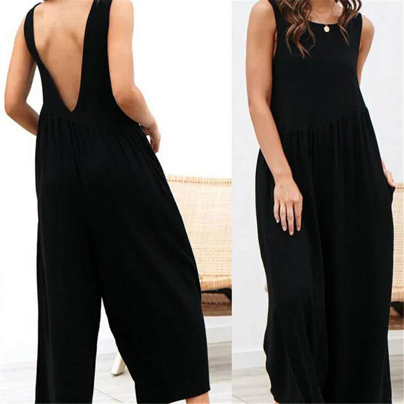 

Women Sexy Backless Jumpsuit Romper 2019 Newest Fashion Solid Color Sleeveless Casual Loose Clubwear Jumpsuit Women's Clothes