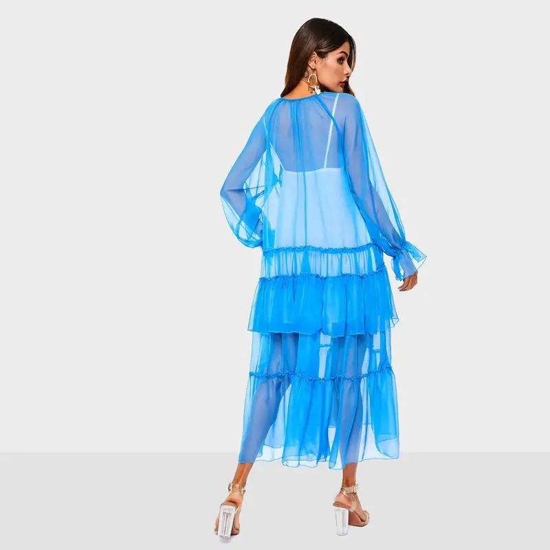 Лето 2019 г. Модное Длинное Платье Для женщин Boho пикантные сетчатые See Through оборками