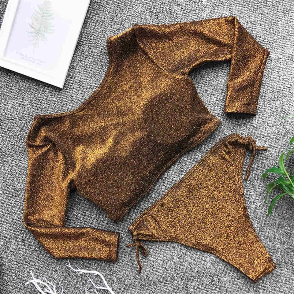 MUXILOVE 2019 Sparkling Shiny Bikini Women Swimwear Female Swimsuit Two-pieces set Long Sleeve Bather Bathing Suit Swim W | Спорт и