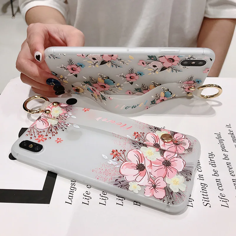 S10e Case Wrist Strap Soft Cover For Samsung Galaxy S8 S9 S10 Plus Note 8 9 3D Relief Flower Stand Coque With Finger Ring |