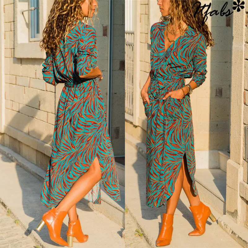 Autumn New Women Wrap V Neck Long Sleeve Shirts A-Line Dresses Casual Waist Bandage Swing Dress Fashion Streetwear Plus Size | Женская