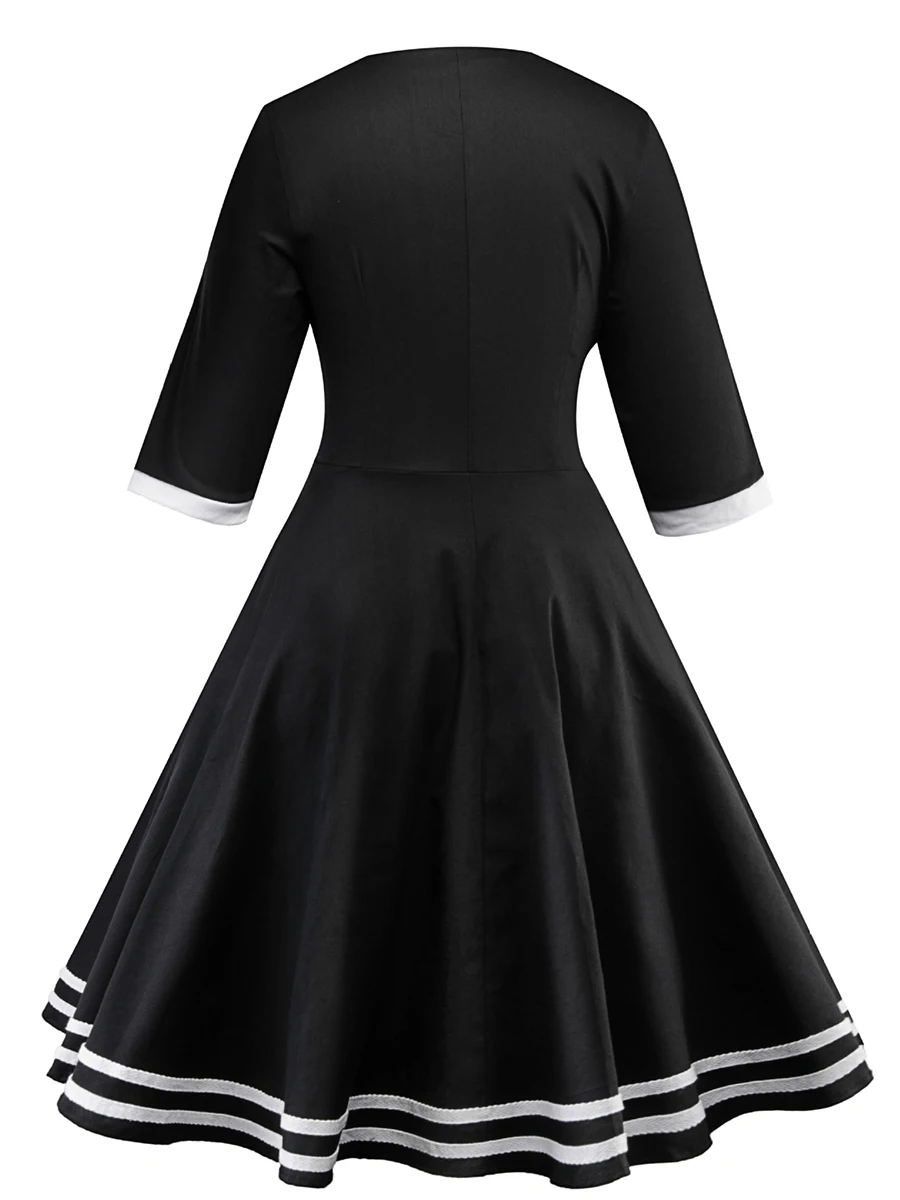 Женское винтажное платье с рукавами три четверти контрастное расклешенной