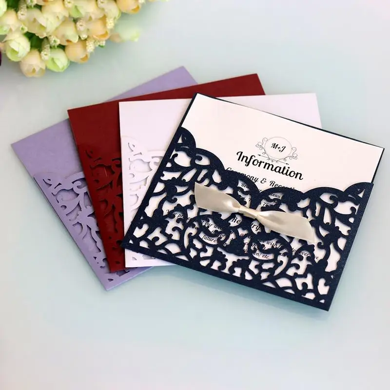 

10PCS European Style Laser Cut Flower With Bowknot Wedding Invitations Cards Lace Pocket Greeting Card Wedding Party Supplies