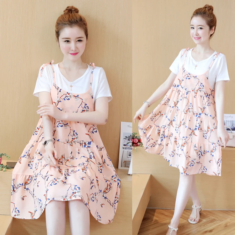 2020 pregnant women short sleeves summer dress suits sleeve cotton tees+strap floral chiffon twinset maternity set | Мать и ребенок