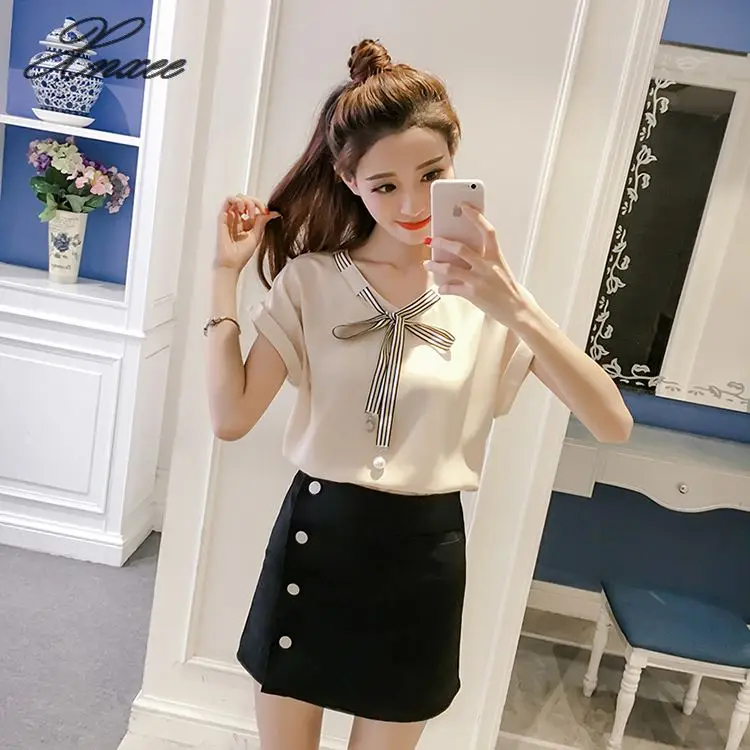 

2020 Womens Tops And Blouses Chiffon Cool Ladies Korean Style Femme Fashion Clothing Summer Female Bow