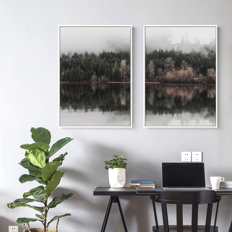 

Lake Landscape Reflection Canvas Art Poster Print Nordic Style Forest Canvas Painting Minimalist Wall Picture for Living Room