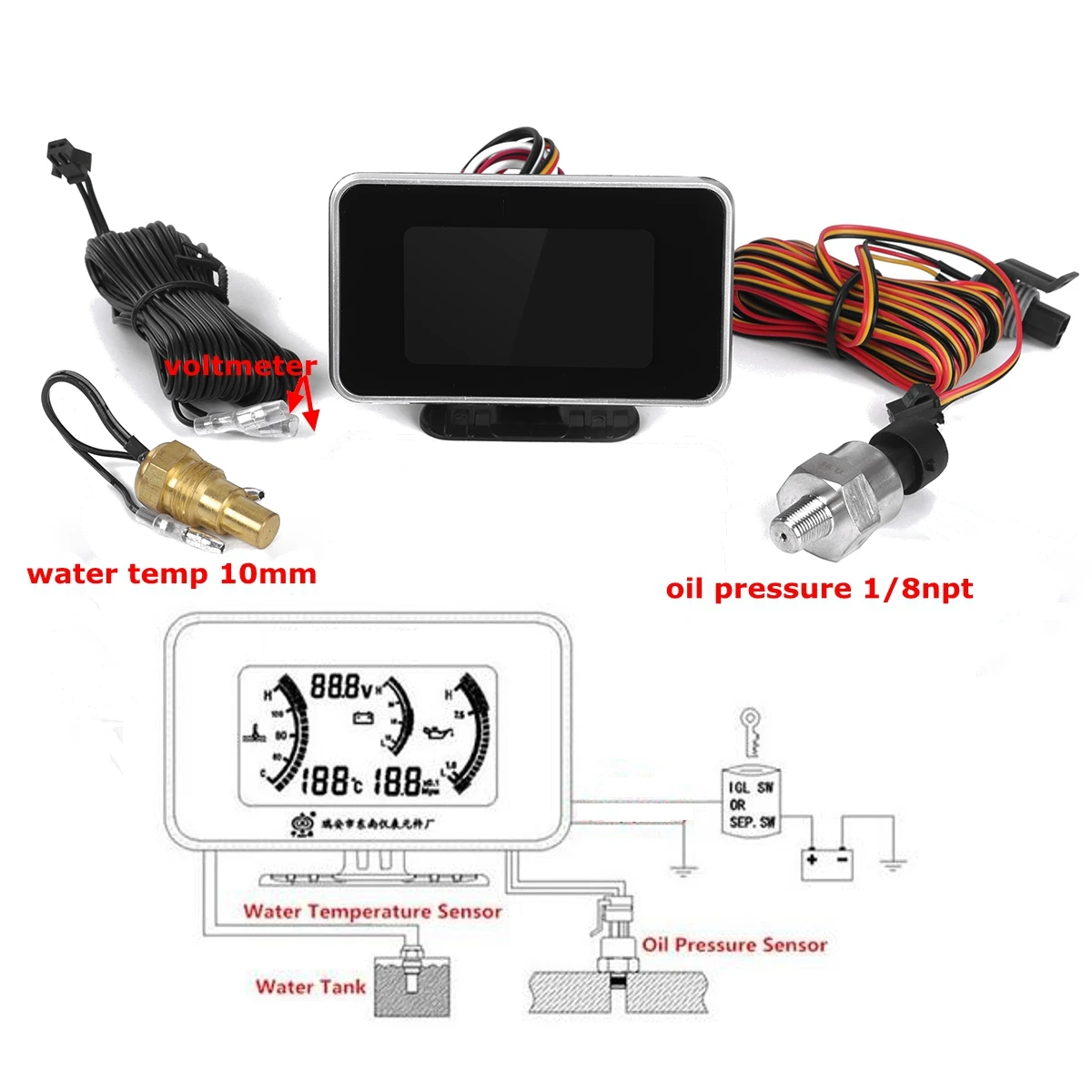 12-24V Универсальный 4в1 lcd Автомобильный цифровой датчик сигнализации вольтметр давление масла Температура воды топлива с кабелем