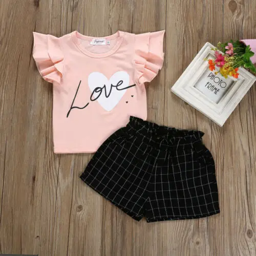 2PCS New Summer Kids Baby Girls Clothes Set Flying Ruffles Sleeve Top Cute Love Print T-Shirt +Plaid Shorts Princess Outfits | Мать и