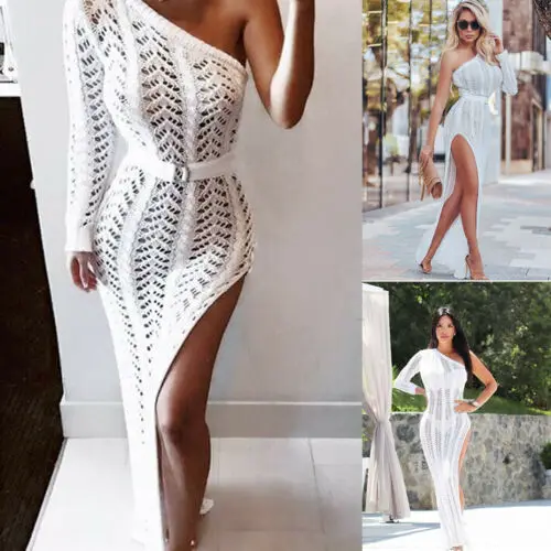 Женское трикотажное платье с разрезом сбоку длинным рукавом и высокой