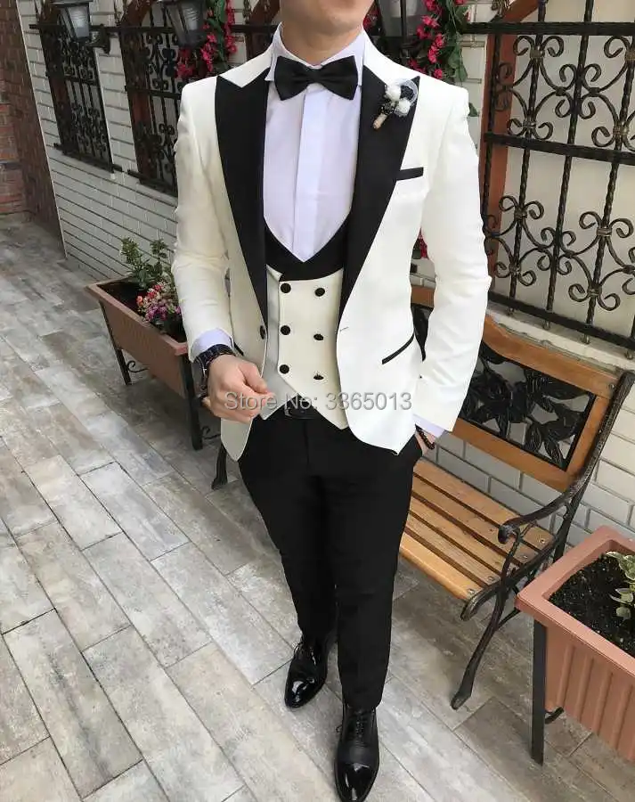 White Suit With Black Peaked Lapel Men 3 Piece 2019 New Design Fashion Formal Tuxedo Wedding Suits For Groom | Мужская одежда