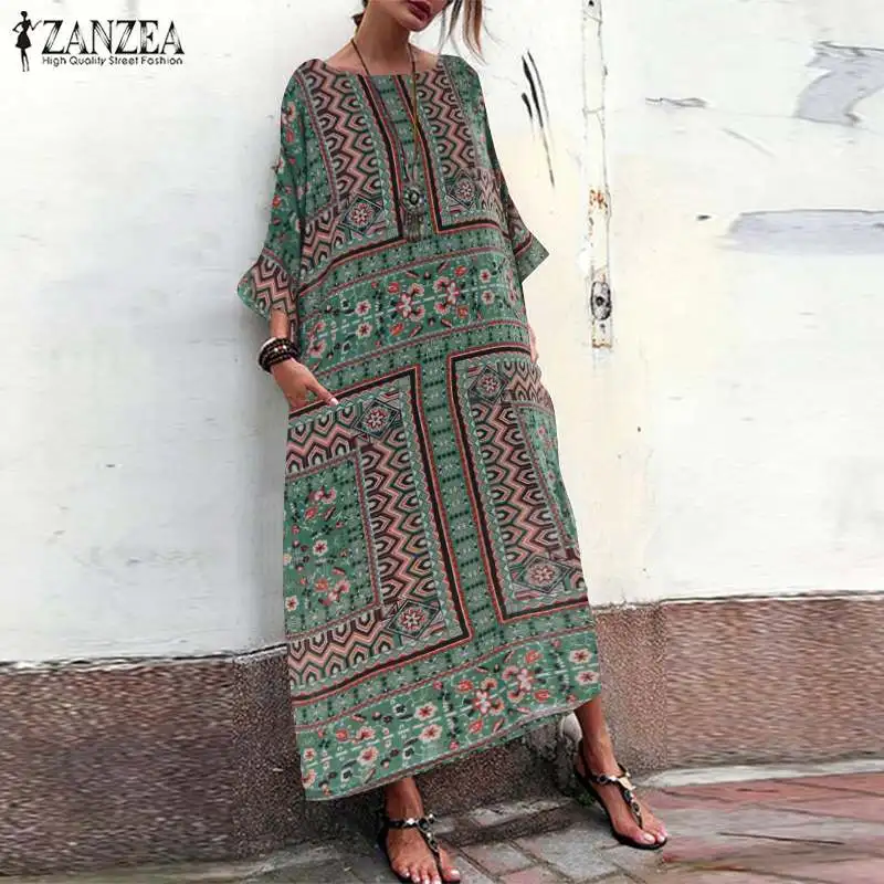 Сарафан женский длинный макси с длинным рукавом и винтажным богемным принтом