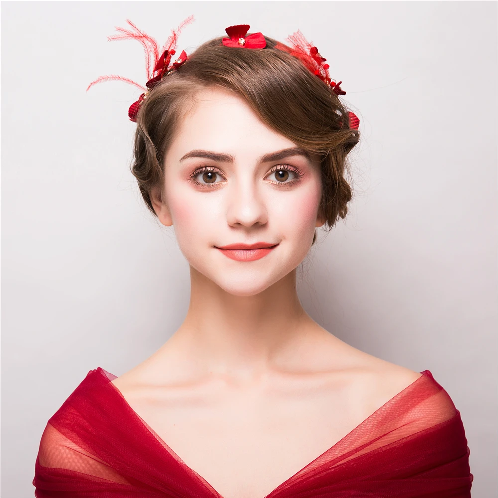 Fashion Korean Headband Artificial Red Feather Headpiece Fabric Flower Headdress for Wedding Bridal Princess Headwear Ornaments | Украшения