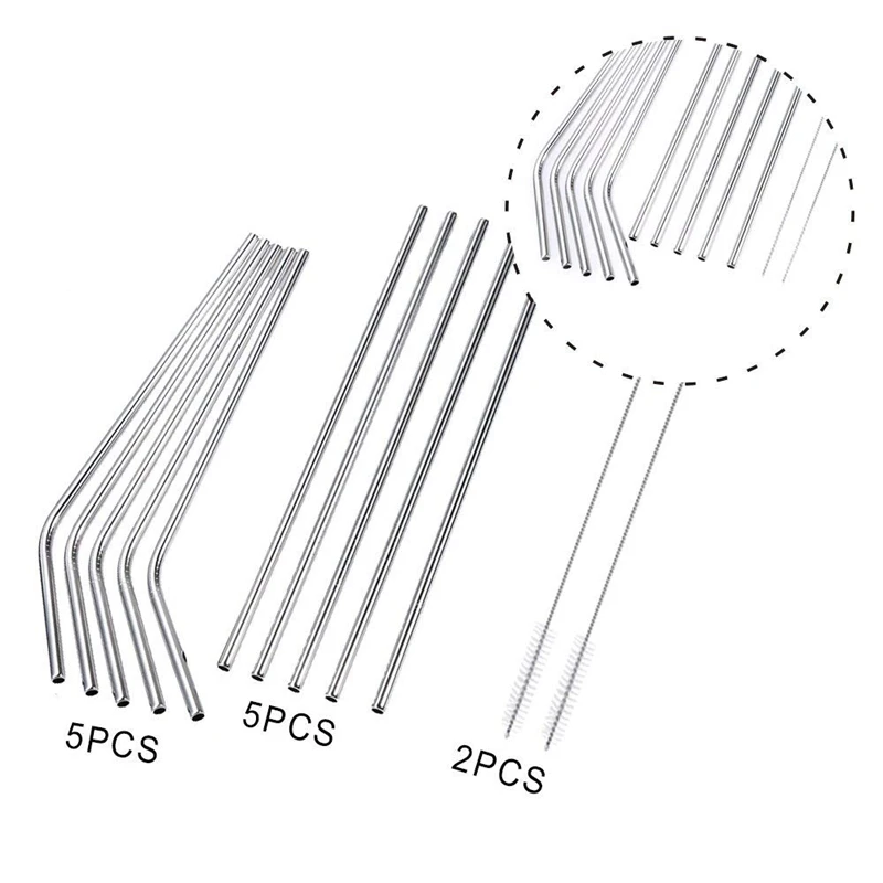 Stainless Steel Straws 12 PCS Set 5 Straight And Shrinked With 2 Cleaning Brushes 21.5cmsilver | Дом и сад