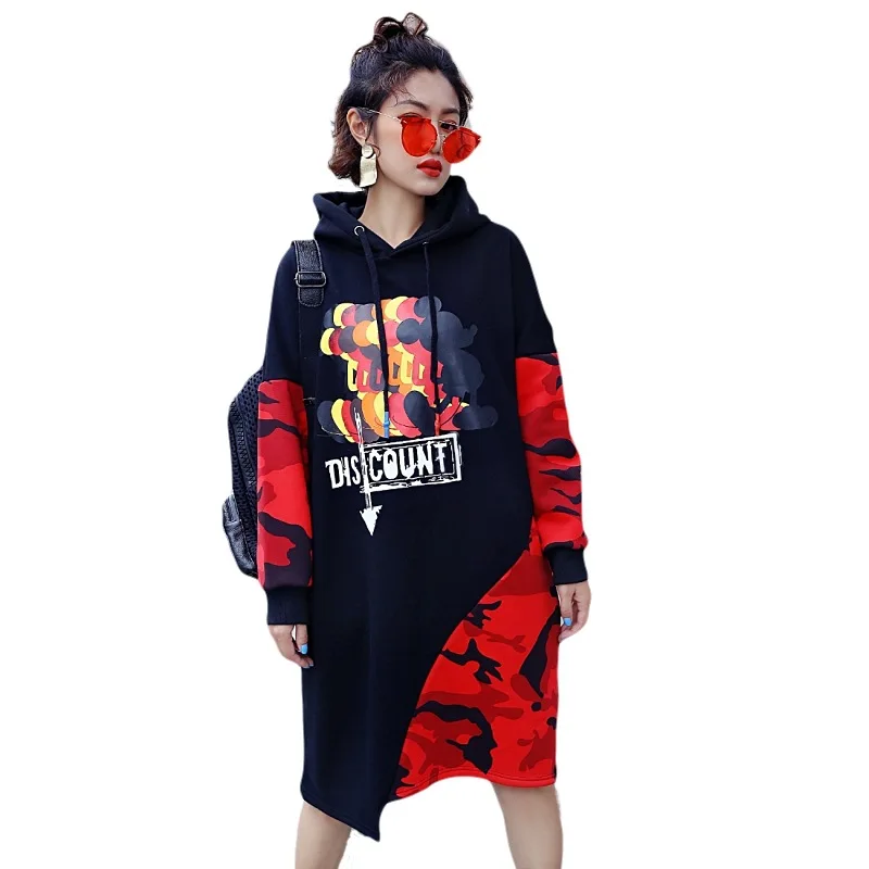 Vefadisa Pattern Print Hooded Sweatshirt Women Black Camouflage Patchwork Sweatshirts Irregular Pullover Long ZLD379 | Женская одежда
