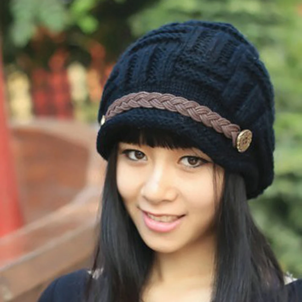 New Women Beanies Girl's Fashion Braided Winter Warm Wool Baggy Beanie Knitted Crocheted Ski Hat Outdoor Skullies |