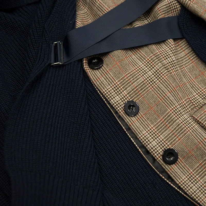 TWOTWINSTYLE Patchwork Knitting Plaid Coat Female Long Sleeve Lace Up Irregular Women's Jacket Korean Fashion 2018 Autumn New | Женская