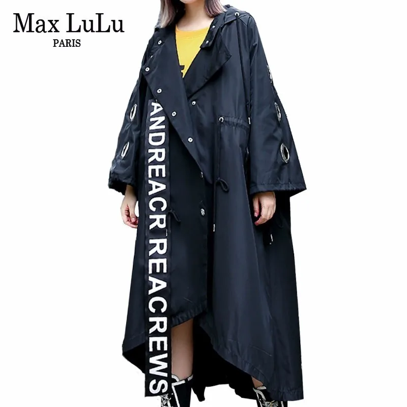 

Max LuLu Spring 2019 Luxury Korean Designer Ladies 3d Tiger Punk Windbreaker Womens X-long Black Trench Vintage Hooded Rain Coat
