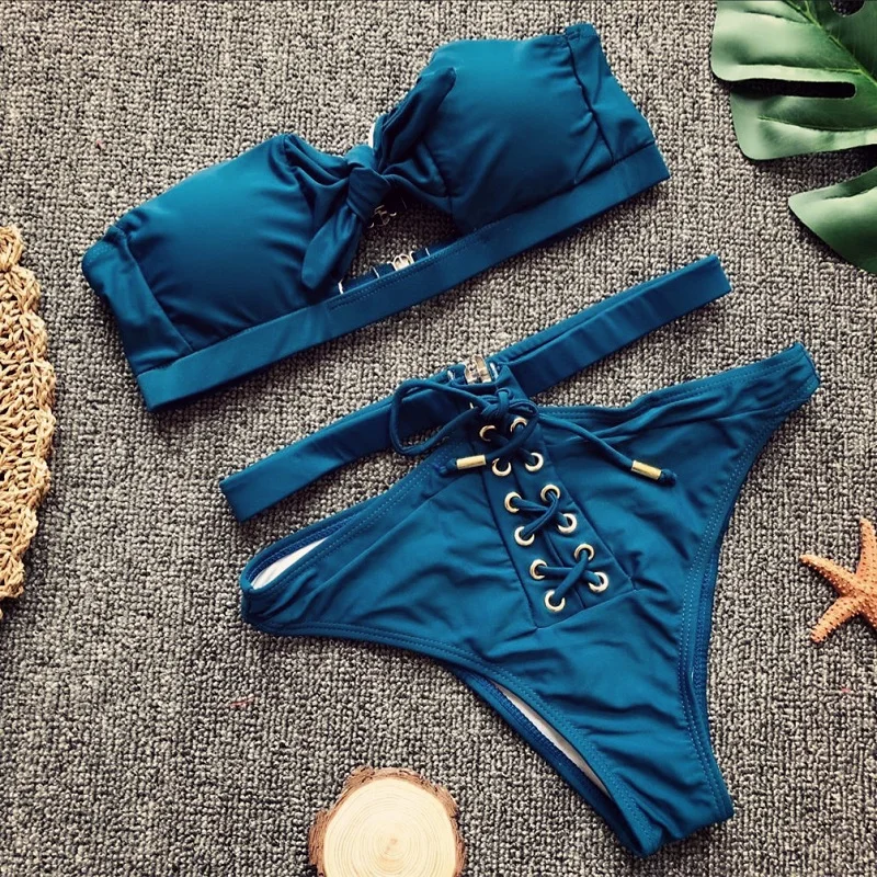 MUXILOVE Sexy Bather High Waist bikini set 2019 swimsuit female swimwear women lace up Bandeau bathing suit swim wear |