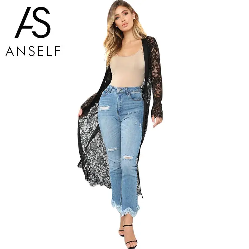 Женский пляжный кардиган Anself черный кружевной с длинным рукавом и открытой