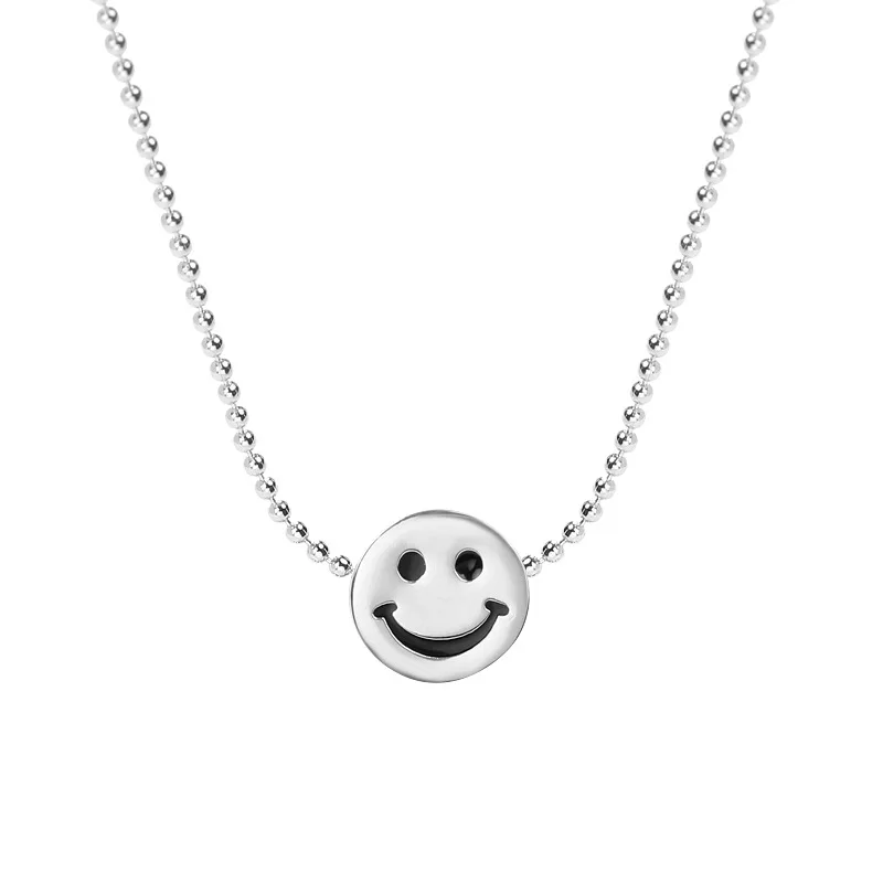 S925 Sterling Silver Necklace Female Cartoon Cute Expression Smiling Face Round Bead Smile Pendant Jewelry Gifts | Украшения и