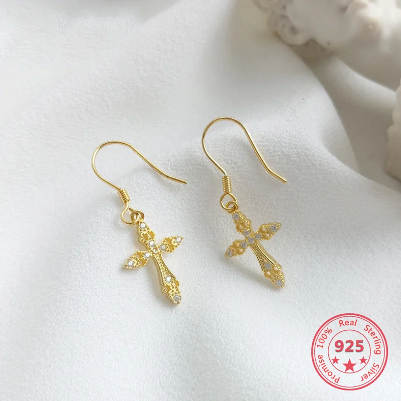 

100% 925 Silver Gold Plated Earrings Fashion Concise Delicate Cross Earring Gold Ear hook for women