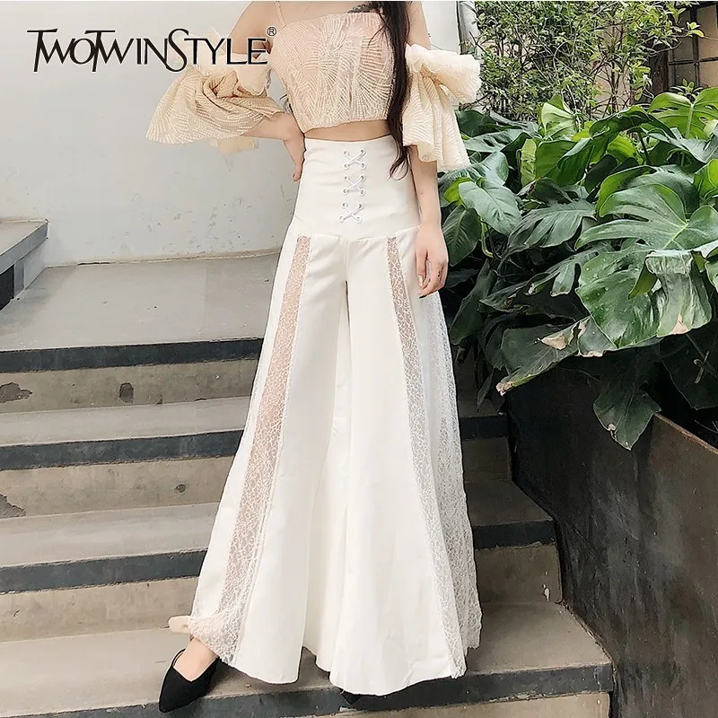 Женские длинные широкие брюки TWOTWINSTYLE с высокой талией кружевные лоскутные