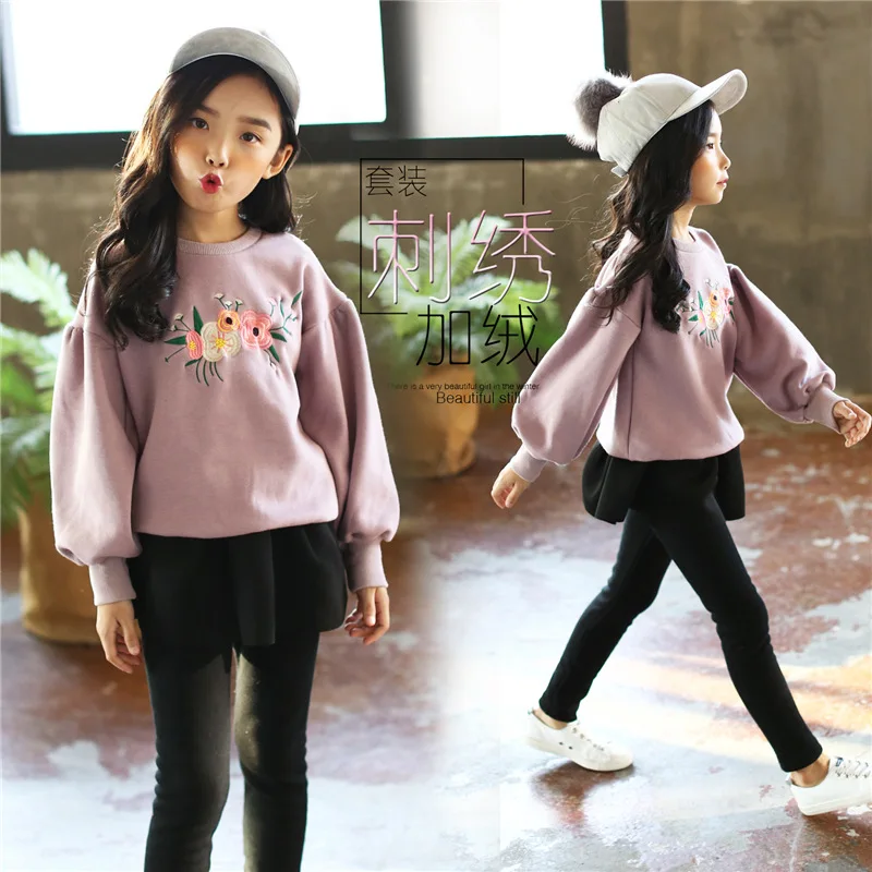 Girls Clothing Sets Kids Suits Fleece Floral T Shirt Skirt Pants Suit Spring Baby Girl Winter Clothes Children Set 3-14Y | Мать и ребенок