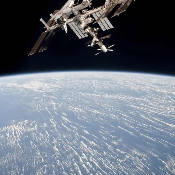 Международная космическая станция расположенная на орбите над печатью плакат с