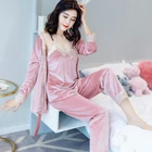 Зимние теплые пижамы, комплект женской одежды для сна, бархатный сексуальный розовый домашняя пижама, женская пижама набор длинных брюк, халат, костюм из трех предметов