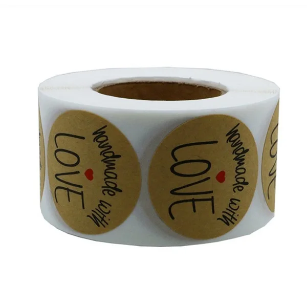 1 Inch Round Natural Kraft Handmade With Love Stickers Black Font Total 500 Adhesive Labels Per Roll (1 Roll) | Канцтовары для