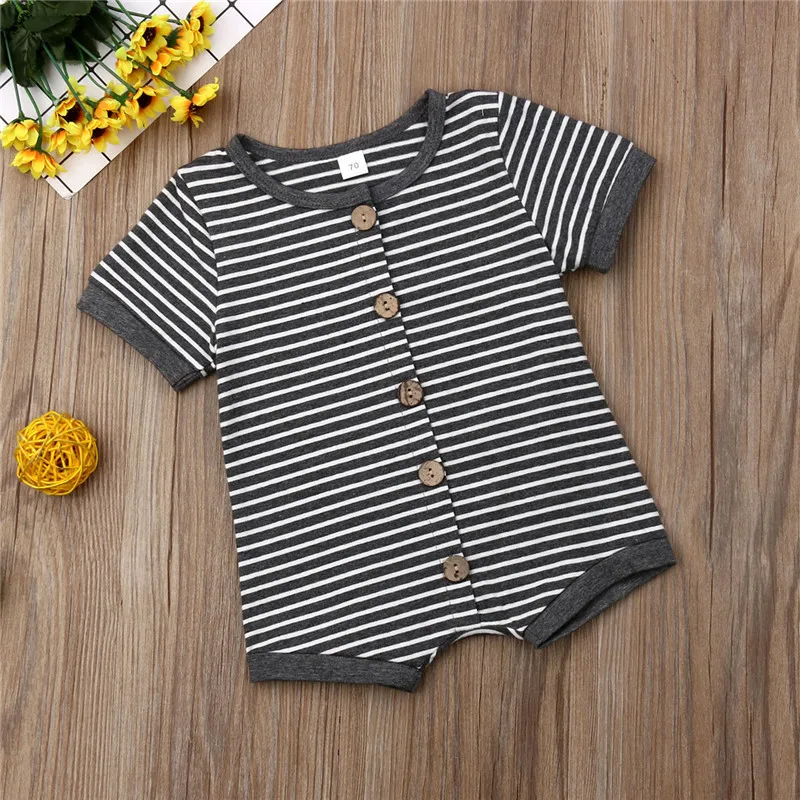 0-24M Gray Striped Baby Rompers New Born Clothes Short Sleeve Girls Romper Button Buckle Boys Jumpsuits Toddler Suits | Детская одежда