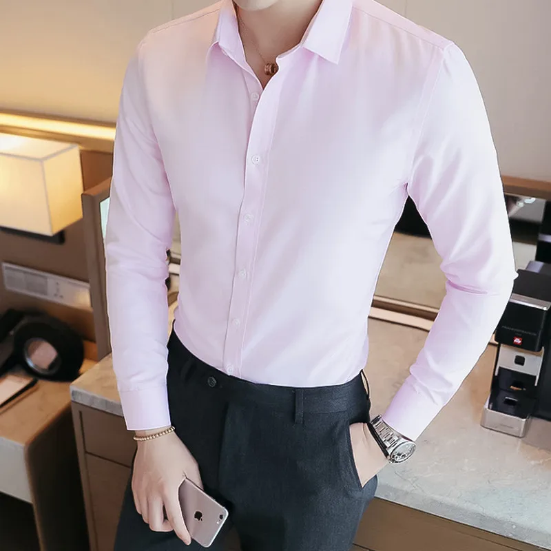 2019 Men's Business Casual Long Sleeved Shirt High Quality Male Social Dress Black Blue White | Мужская одежда