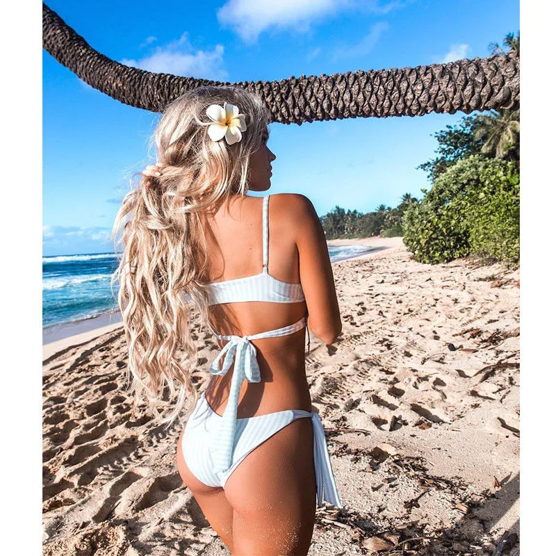 Women Ruffles Pink/Blue Swimwear 2018 Sexy Bikini Set Brazilian Biquini Bathing Suit Striped e Swimsuit Bandage Beachwear | Спорт и