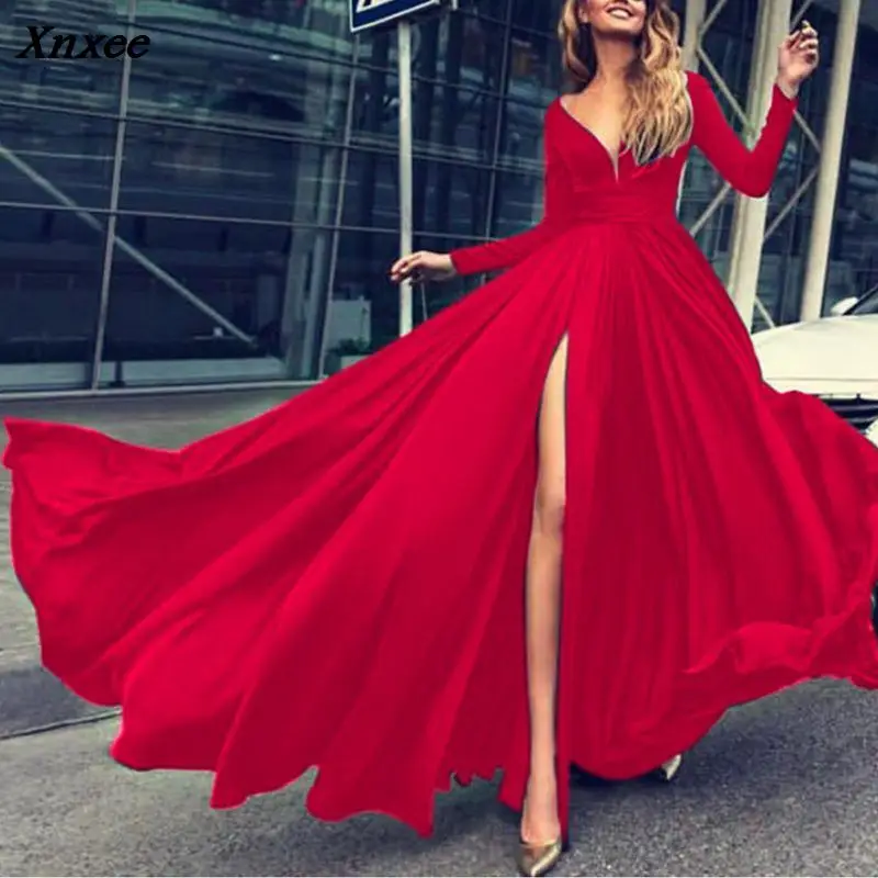 

2018 Autumn Long Sleeve Women Party Dress Deep V Neck Split Big Hem Sexy Floor Length Maxi Dresses Woman Clothes S M L XL Xnxee