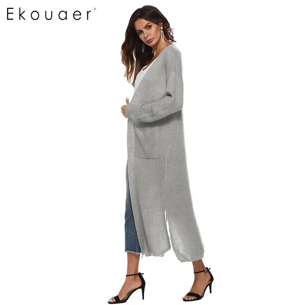 Ekouaer вязаный кардиган модный длинный свитер спереди открытый однотонный