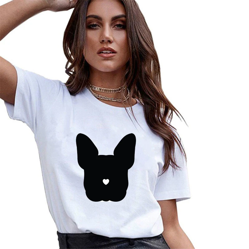 Футболки женские модные Французские бульдоги лицо с сердцем нос белая футболка