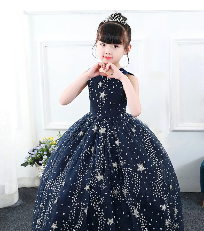 Glittery Children Pageant Ball Gown Starry Sky Printed Kids Navy Blue Dress Weddings Evening for Little Girls Party Clothe | Детская