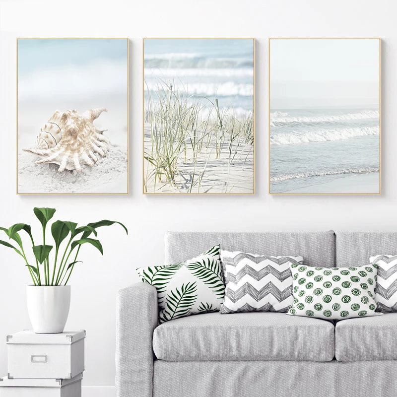 

Seashell Wall Art Nautical Seascape Canvas Painting Ocean Wave Posters and Prints Bathroom Fish Pictures for Living Room Decor