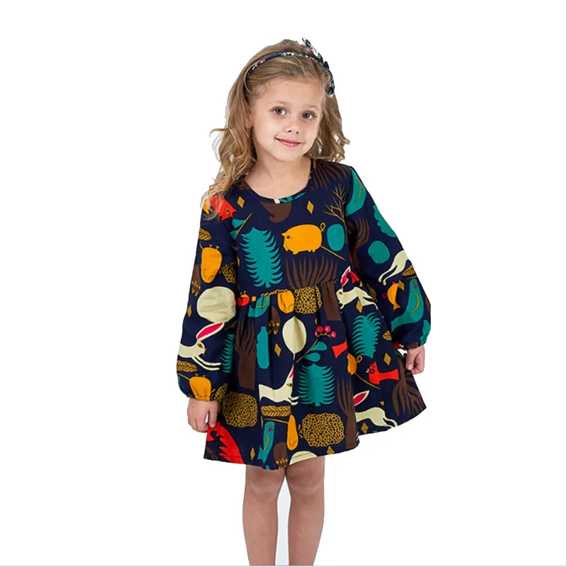 

Girls dress long sleeve spring and autumn cotton sanded cartoon print children's clothing