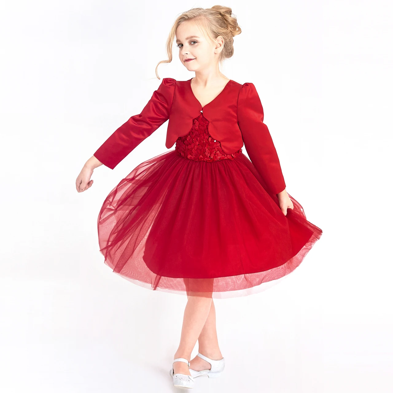 Sunny Fashion платья для девочек новогодние костюмы Цветок красный Длинный рукав