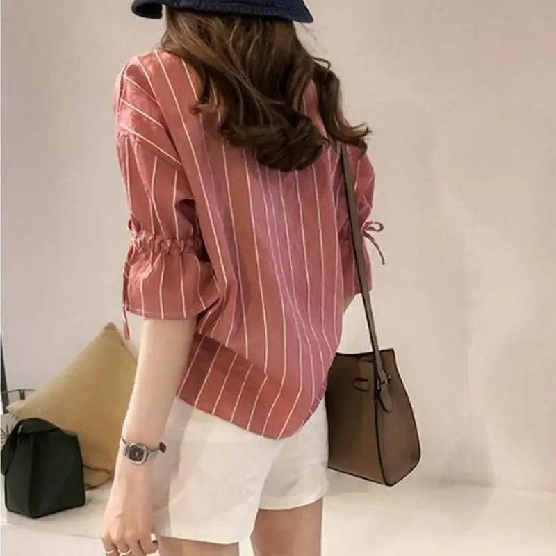 

MISSKY 2019 New Women Shirt Lace-up Sleeve Striped Pattern Casual Half Sleeve V neck Shirt Female Tops For Summer