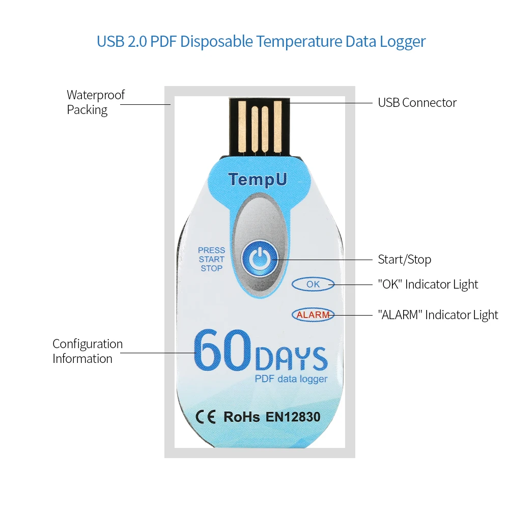 Водонепроницаемый USB 2 0 PDF одноразовый регистратор данных о температуре 60 дней