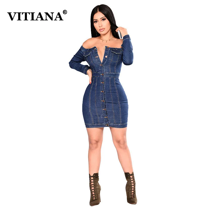 VITIANA женское джинсовое платье 2019 с длинным рукавом без бретелек открытыми