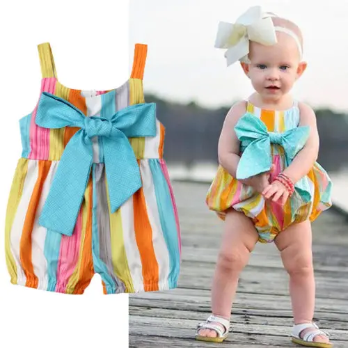 2019 Newborn Infant Kid Baby Girl Sleeveless Romper Strap Stripe O-neck Cotton Jumpsuit Bowknot Summer Outfit Wholesale | Детская одежда