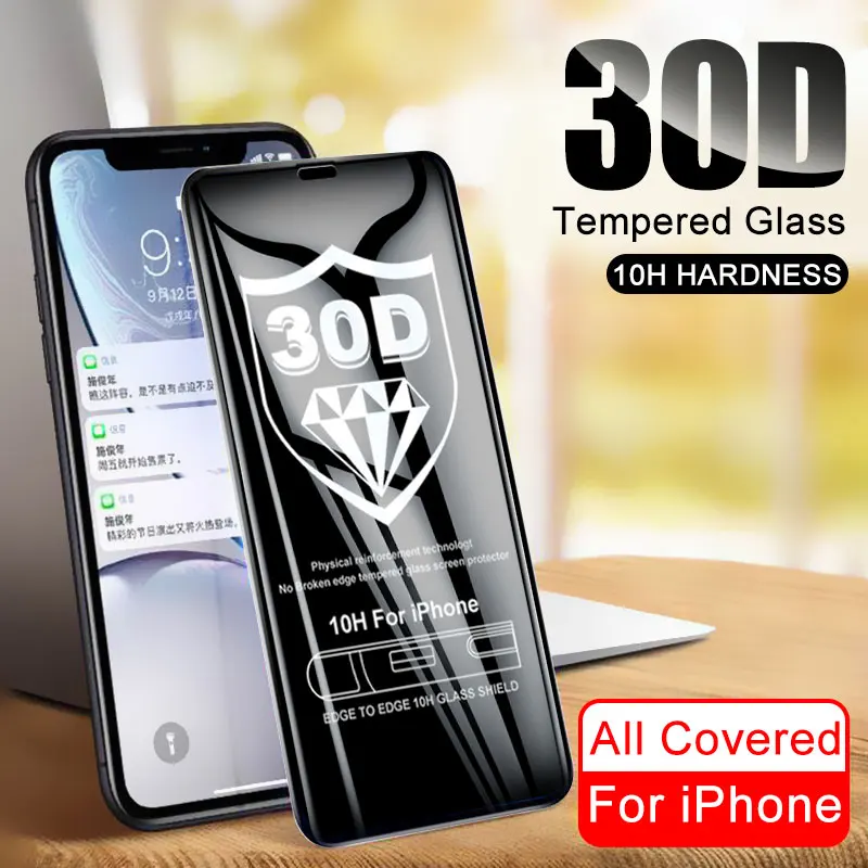 Защитное стекло 30D с закругленными краями и полным покрытием для iPhone X XS MAX 7 8 6 6s Plus