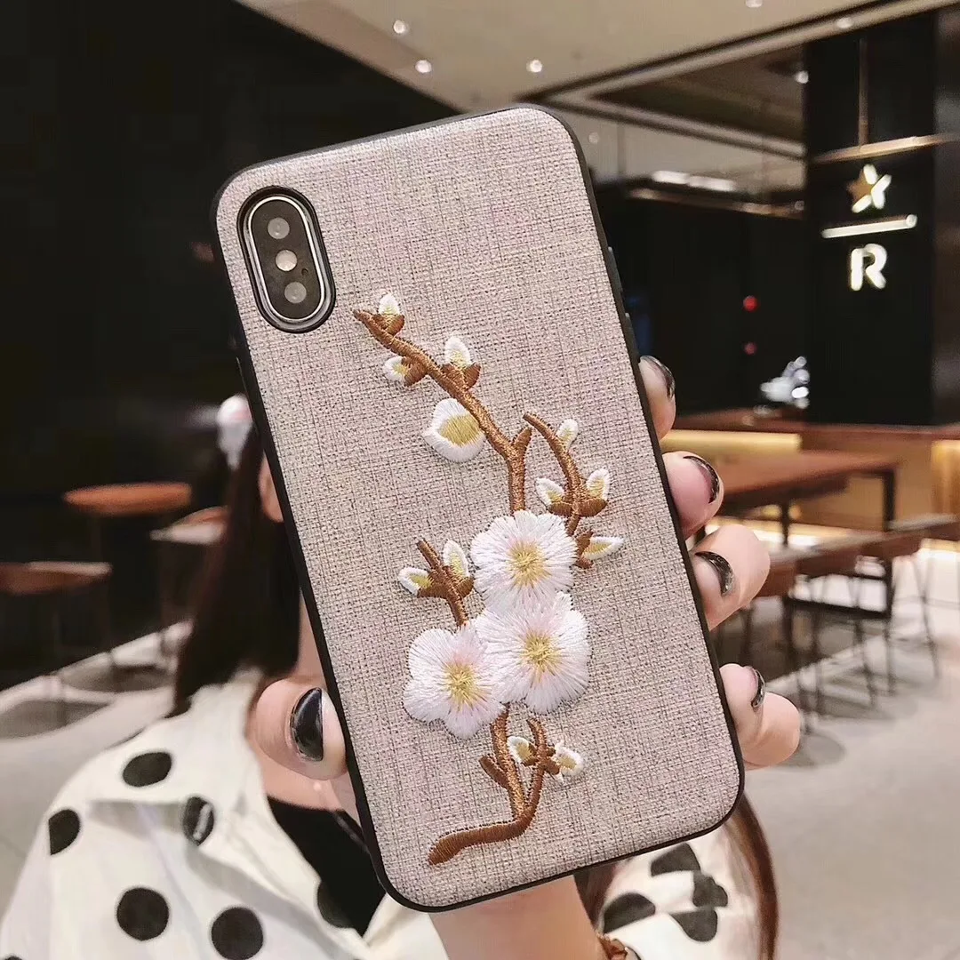 Роскошная вышивка 3D цветок чехол для iphone 7 8 Plus китайские сливы чехлы телефонов с