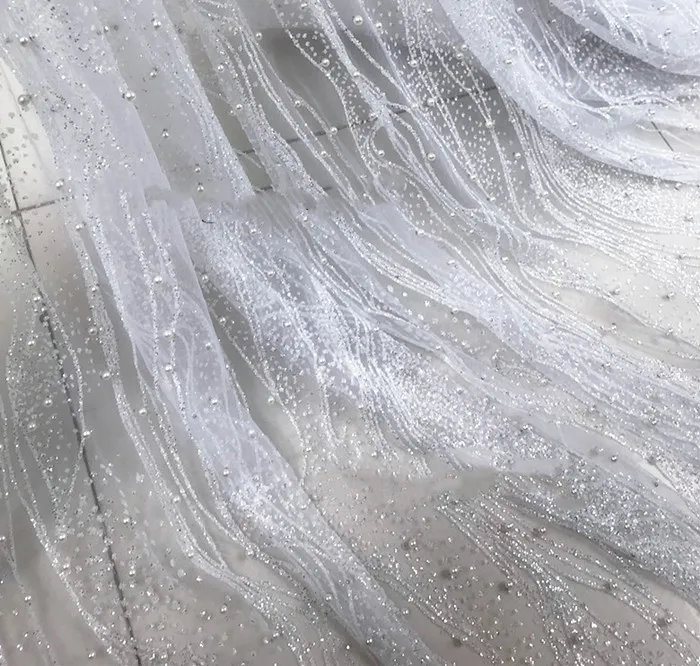 

10M DHL Bright White Gold Silver Gray Sparkly Fabric Hot Drilling Beaded Pearl Sequins Cloth Beaded Lace Soft Mesh DIY Fabric